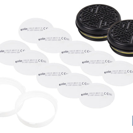 Set de filtro combinado: 2 filtros A1B1E1K1 + 10 Prefiltros P2 NR | Protección respiratoria de alta eficacia