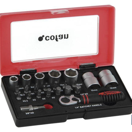 Set mini carraca, vasos y puntas 1/4 23 pcs.