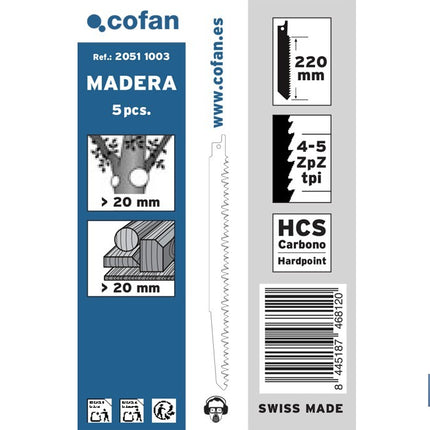 Hojas de sierra de sable universales HCS para madera seca y verde | Aptas para corte en madera en bruto y desramados | Pack de 5 unidades