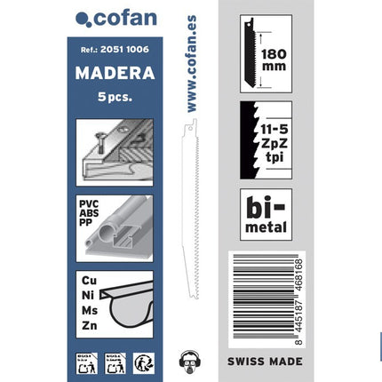 Hojas de sierra de sable universales bimetal para madera | Corte multimaterial | Adecuadas para madera, plástico y metal | Pack de 5 unidades