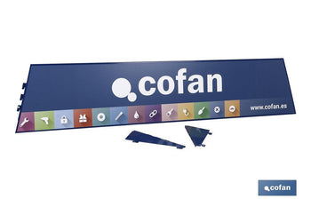 Cartela con logo Cofan expositor rincón