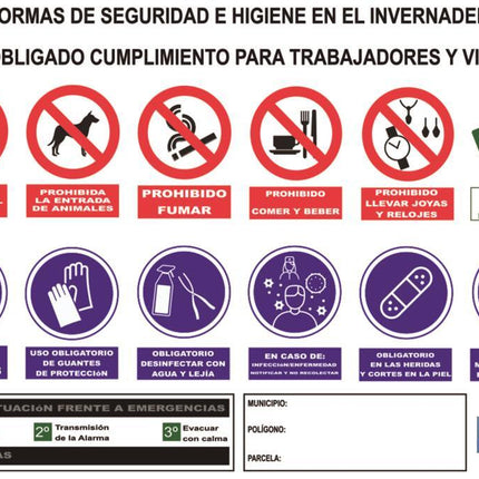 Cartel Multiseñal | Normas de seguridad e higiene para invernaderos | Medida 1000 x 700 mm