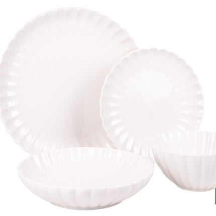 Vajilla de porcelana esmaltada de color blanco con diseño en relieve | Set de 16 piezas | Apta para lavavajillas, microondas y horno