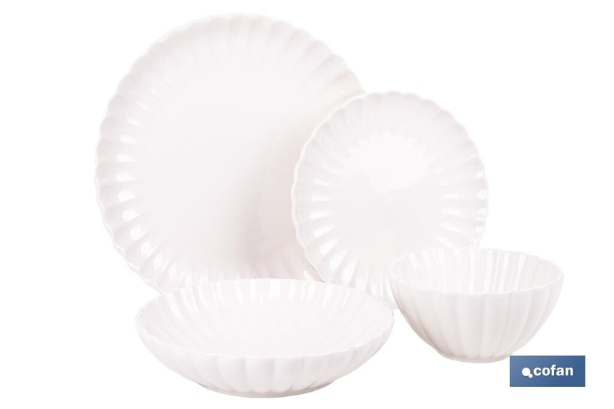 Vajilla de porcelana esmaltada de color blanco con diseño en relieve | Set de 16 piezas | Apta para lavavajillas, microondas y horno