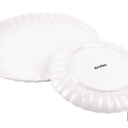 Vajilla de porcelana esmaltada de color blanco con diseño en relieve | Set de 16 piezas | Apta para lavavajillas, microondas y horno