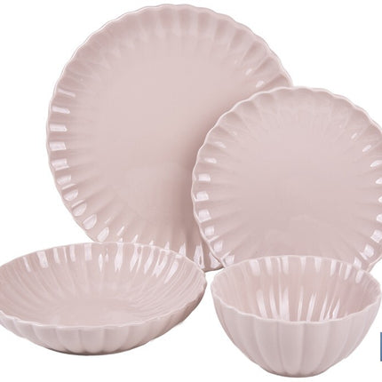 Vajilla de porcelana esmaltada en color rosa nude con diseño en relieve | Set de 16 piezas | Apta para lavavajillas, microondas y horno