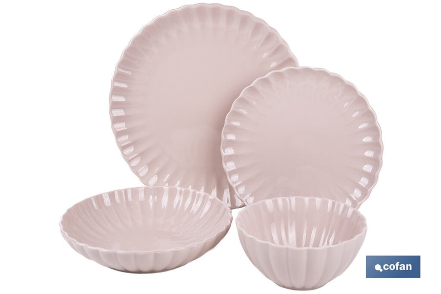 Vajilla de porcelana esmaltada en color rosa nude con diseño en relieve | Set de 16 piezas | Apta para lavavajillas, microondas y horno