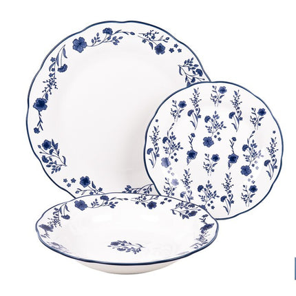 Vajilla de porcelana con flores azules | Set de 18 piezas | Adecuado para 6 personas | Apta para lavavajillas, microondas y horno