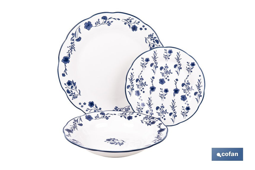 Vajilla de porcelana con flores azules | Set de 18 piezas | Adecuado para 6 personas | Apta para lavavajillas, microondas y horno