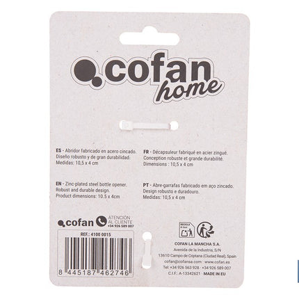 Abridor de botellas profesional | Material: acero cincado | Ideal para hostelería y uso doméstico | Medidas: 10,5 x 4 cm