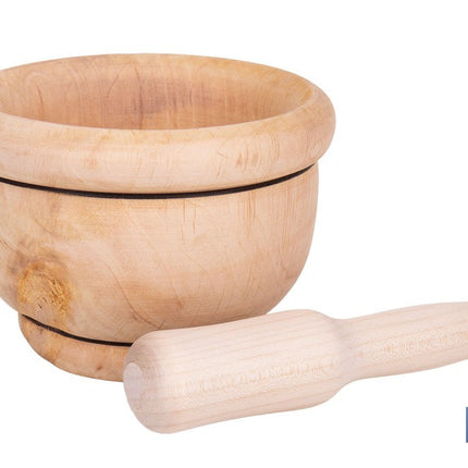 Mortero de madera de abedul con maza. Diámetro: Ø14 cm. Ideal para machacar alimentos