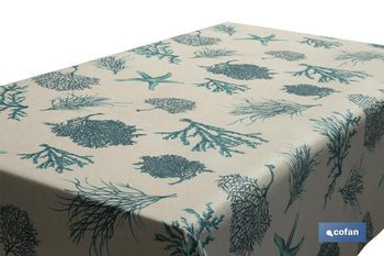 Rollo de mantel resinado con estampado digital | Diseño con elementos del mar | 50 % algodón y 50 % poliéster | Medidas: 1,40 x 20 m