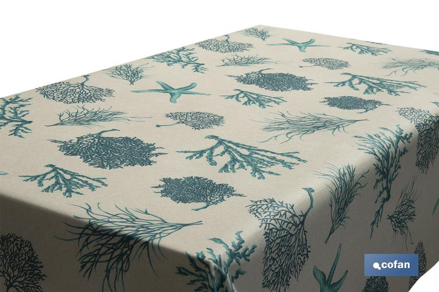 Rollo de mantel resinado con estampado digital | Diseño con elementos del mar | 50 % algodón y 50 % poliéster | Medidas: 1,40 x 20 m