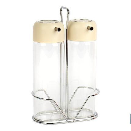 Set de aceitera y vinagrera | Frascos de vidrio borosilicato | Soporte incluido | Tapas de color beige | Juego de 2 piezas | Capacidad: 300 ml