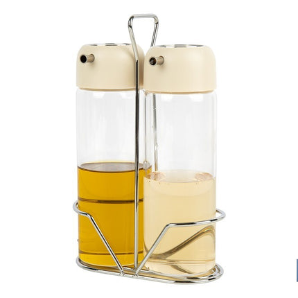 Set de aceitera y vinagrera | Frascos de vidrio borosilicato | Soporte incluido | Tapas de color beige | Juego de 2 piezas | Capacidad: 300 ml