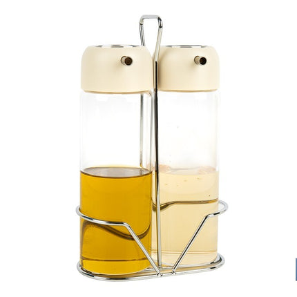 Set de aceitera y vinagrera | Frascos de vidrio borosilicato | Soporte incluido | Tapas de color beige | Juego de 2 piezas | Capacidad: 300 ml