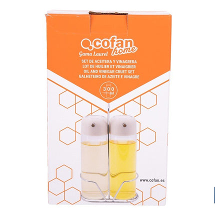 Set de aceitera y vinagrera | Frascos de vidrio borosilicato | Soporte incluido | Tapas de color beige | Juego de 2 piezas | Capacidad: 300 ml