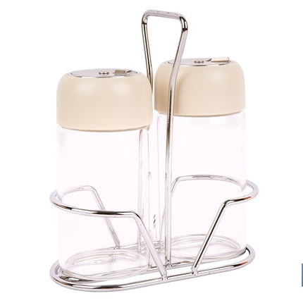 Set de salero y pimentero | Frascos de vidrio borosilicato | Soporte incluido | Tapas de color beige | Juego de 2 piezas | Capacidad: 120 ml