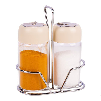 Set de salero y pimentero | Frascos de vidrio borosilicato | Soporte incluido | Tapas de color beige | Juego de 2 piezas | Capacidad: 120 ml