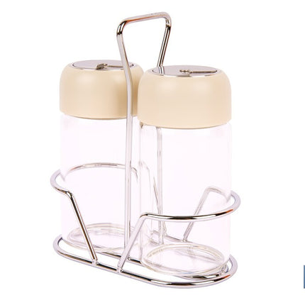Set de salero y pimentero | Frascos de vidrio borosilicato | Soporte incluido | Tapas de color beige | Juego de 2 piezas | Capacidad: 120 ml
