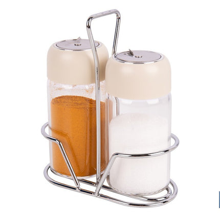 Set de salero y pimentero | Frascos de vidrio borosilicato | Soporte incluido | Tapas de color beige | Juego de 2 piezas | Capacidad: 120 ml