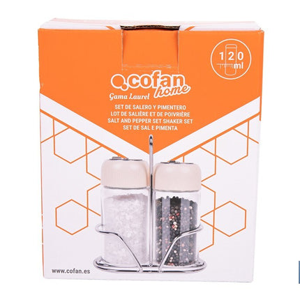 Set de salero y pimentero | Frascos de vidrio borosilicato | Soporte incluido | Tapas de color beige | Juego de 2 piezas | Capacidad: 120 ml