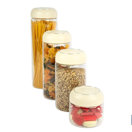 Bote de cocina de vidrio borosilicato | Tapa beige | Cierre a presión | Capacidad: 1,7 l | Almacenaje de alimentos | Medidas: Ø10 x 30 cm