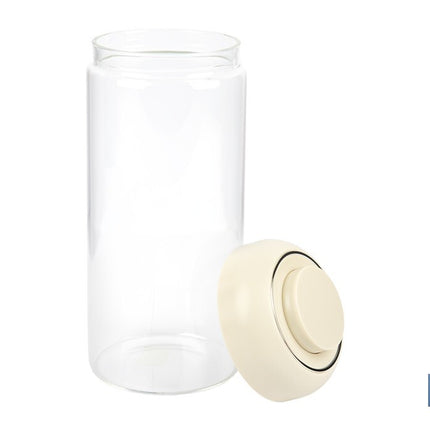 Bote de cocina de vidrio borosilicato | Tapa beige | Cierre a presión | Capacidad: 1,3 litros | Almacenaje de alimentos | Medidas: Ø10 x 23 cm