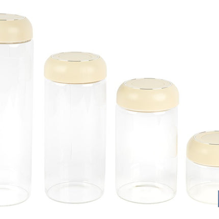 Bote de cocina de vidrio borosilicato | Tapa beige | Cierre a presión | Capacidad: 1,3 litros | Almacenaje de alimentos | Medidas: Ø10 x 23 cm