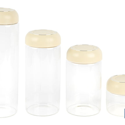 Bote de cocina de vidrio borosilicato | Tapa beige | Cierre a presión | Capacidad: 1 litro | Almacenaje de alimentos | Medidas: Ø10 x 18,6 cm