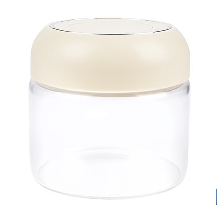 Bote de cocina de vidrio borosilicato | Tapa beige | Cierre a presión | Capacidad: 400 ml | Almacenaje de alimentos | Medidas: Ø10 x 9,6 cm