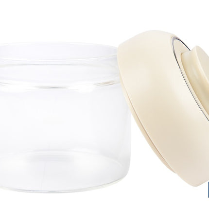 Bote de cocina de vidrio borosilicato | Tapa beige | Cierre a presión | Capacidad: 400 ml | Almacenaje de alimentos | Medidas: Ø10 x 9,6 cm