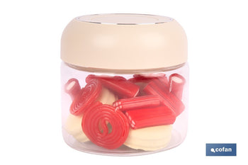 Bote de cocina de vidrio borosilicato | Tapa beige | Cierre a presión | Capacidad: 400 ml | Almacenaje de alimentos | Medidas: Ø10 x 9,6 cm