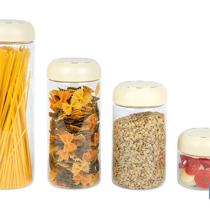 Bote de cocina de vidrio borosilicato | Tapa beige | Cierre a presión | Capacidad: 400 ml | Almacenaje de alimentos | Medidas: Ø10 x 9,6 cm