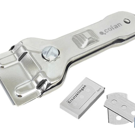 Rasqueta de Vitrocerámica Modelo Sena | Incluye 5 cuchillas | Acero Inox y Niquel | Medidas 13,5 x 4,5 cm