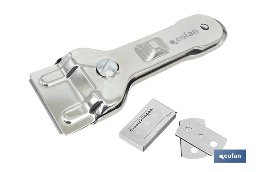 Rasqueta de Vitrocerámica Modelo Sena | Incluye 5 cuchillas | Acero Inox y Niquel | Medidas 13,5 x 4,5 cm