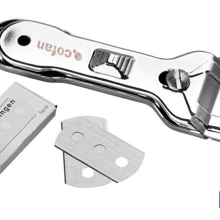 Rasqueta de Vitrocerámica Modelo Sena | Incluye 5 cuchillas | Acero Inox y Niquel | Medidas 13,5 x 4,5 cm