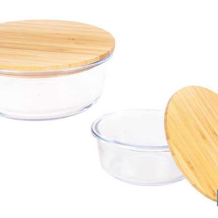 Set de 2 Fiambreras Redondas de Borosilicato | Modelo Bambú | Tapa de Bambú | Capacidad 620-950 ml