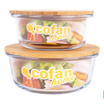 Set de 2 Fiambreras Redondas de Borosilicato | Modelo Bambú | Tapa de Bambú | Capacidad 620-950 ml