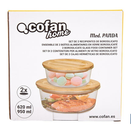 Set de 2 Fiambreras Redondas de Borosilicato | Modelo Bambú | Tapa de Bambú | Capacidad 620-950 ml