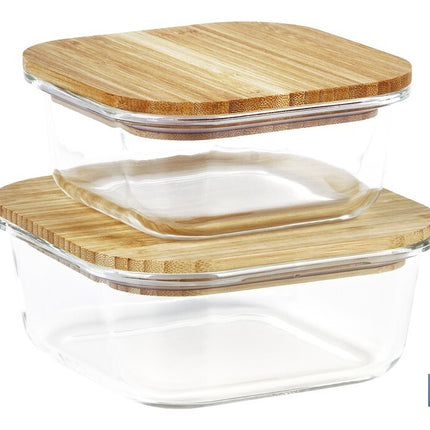 Set de 2 Fiambreras Cuadradas de Borosilicato | Modelo Bambú | Tapa de Bambú | Capacidad 520-800 ml