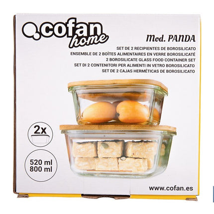 Set de 2 Fiambreras Cuadradas de Borosilicato | Modelo Bambú | Tapa de Bambú | Capacidad 520-800 ml
