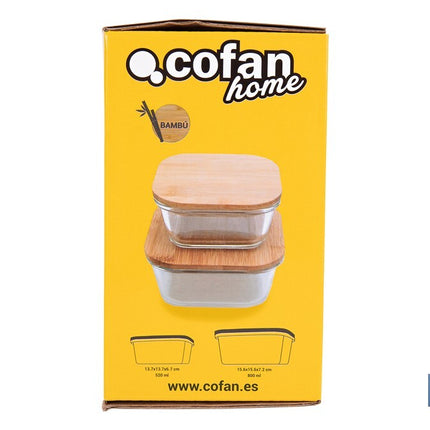 Set de 2 Fiambreras Cuadradas de Borosilicato | Modelo Bambú | Tapa de Bambú | Capacidad 520-800 ml