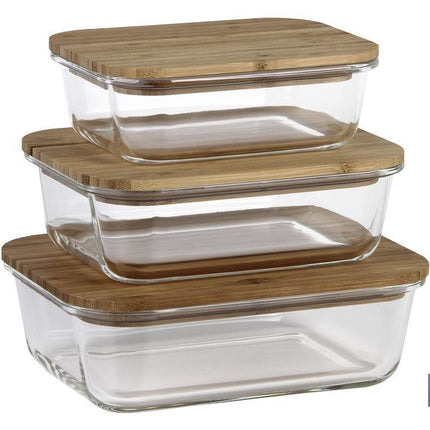 Set de 3 Fiambreras Rectangulares de Borosilicato | Modelo Bambú | Tapa de Bambú | Capacidad 640-1040-1520 ml