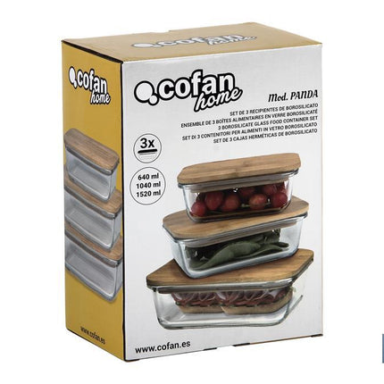 Set de 3 Fiambreras Rectangulares de Borosilicato | Modelo Bambú | Tapa de Bambú | Capacidad 640-1040-1520 ml