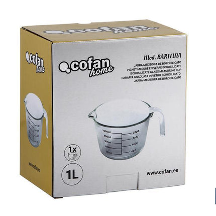 Jarra Medidora de Borosilicato | Modelo Baritina | Capacidad 1 L | Apta para microondas, Horno y Congelador