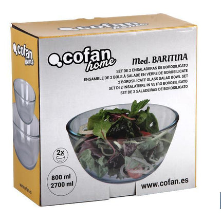 Set de 2 Ensaladeras redondas de borosilicato Modelo Baritina I Capacidad: 800 ml - 2700 ml | Dos boles con diferentes medidas