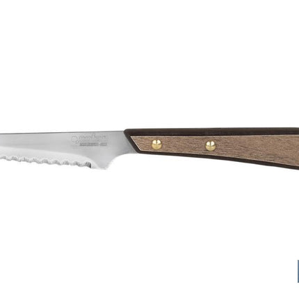 Pack de 3 Cuchillos Chuleteros | Hoja microdentada de 10 cm | Mango con efecto madera de Nogal