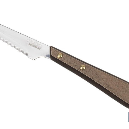 Pack de 3 Cuchillos Chuleteros | Hoja microdentada de 10 cm | Mango con efecto madera de Nogal