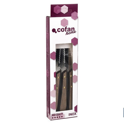 Pack de 3 Cuchillos Chuleteros | Hoja microdentada de 10 cm | Mango con efecto madera de Nogal